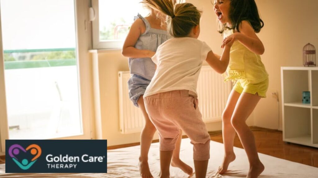 A group of children jump on a bed together, sharing a joyful bonding moment.