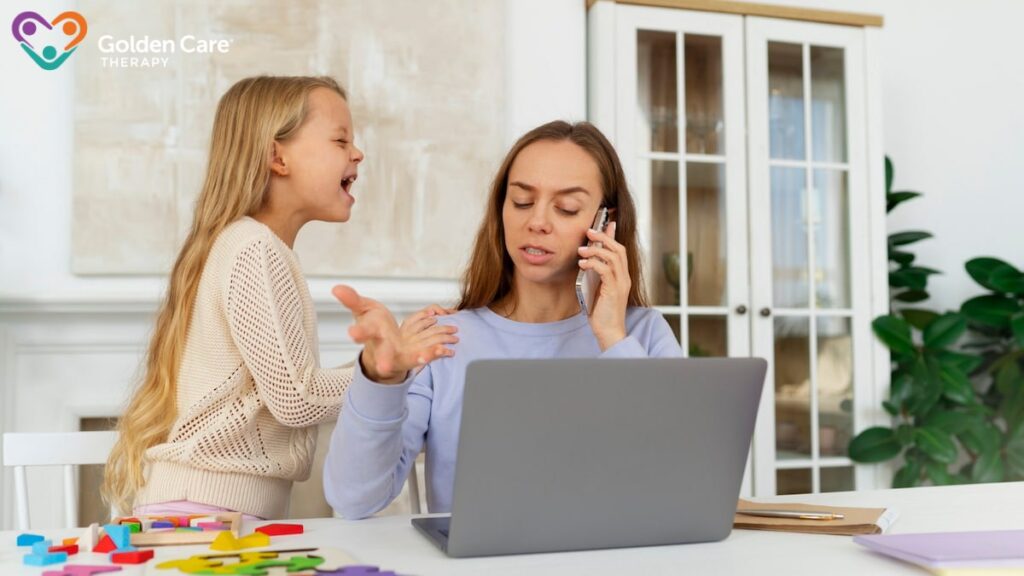 a woman and a child talking on the phone